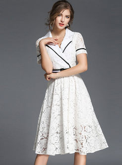 Lace Hollow Out Notched Neck Skater Dress