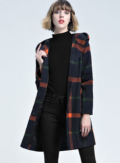 Street Hit Color Plaid Hooded Woolen Trench Coat