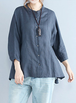 Blue Stand Collar Single-breasted Blouse