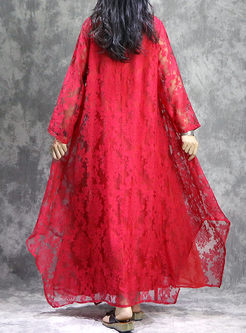Silk Embroidered Long Sleeve Asymmetry Hem Maxi Dress