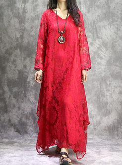 Silk Embroidered Long Sleeve Asymmetry Hem Maxi Dress