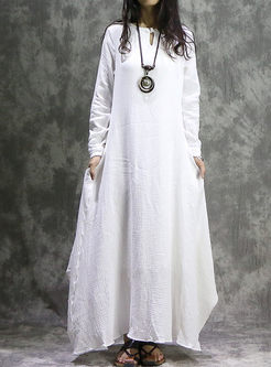 White Vintage Long Sleeve Asymmetry Hem Maxi Dress