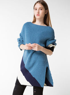 Hit Color Long Sleeve Loose Knitted Sweater