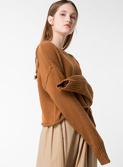 Pure Color Asymmetry Long Sleeve Knitted Sweater