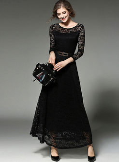 Lace Openwork Belted Long Sleeve Maxi Dress