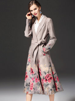 Floral Print Turn Down Collar Belt Trench Coat