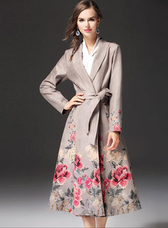 Floral Print Turn Down Collar Belt Trench Coat