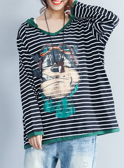 Cute Striped Hooded Cartoon T-shirt