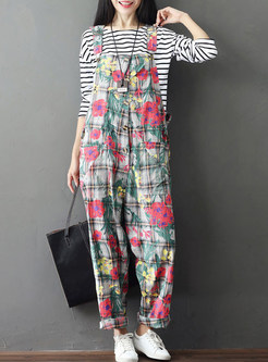 Cute Checked Floral Cotton Overalls