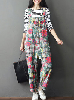 Cute Checked Floral Cotton Overalls