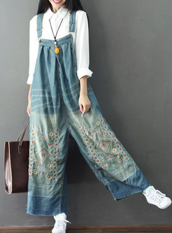 Cute Loose Wash Embroidery Overalls