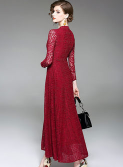 Stand Collar Lace Hollow Out Embroidery Maxi Dress