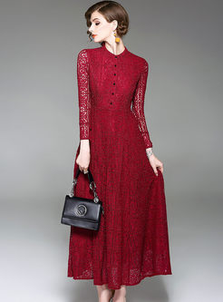 Stand Collar Lace Hollow Out Embroidery Maxi Dress
