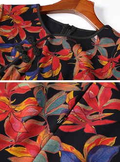 Floral Print Slit Improved Cheongsam & Black Wide Leg Pants
