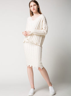 Sweet V-neck Long Sleeve Wool Knitted Two-piece Outfits