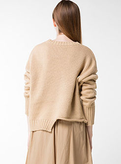 Pure Color Asymmetry Long Sleeve Knitted Sweater