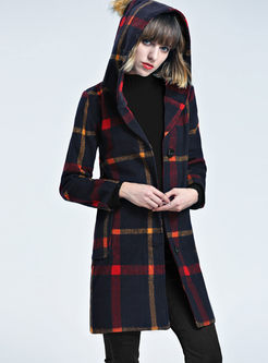 Street Hit Color Plaid Hooded Woolen Trench Coat