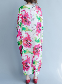 Casual Flower Print Bat Sleeve Maxi Dress