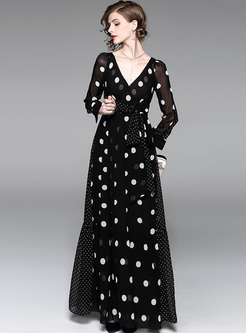 Elegant Dot Print V-neck Maxi Dress
