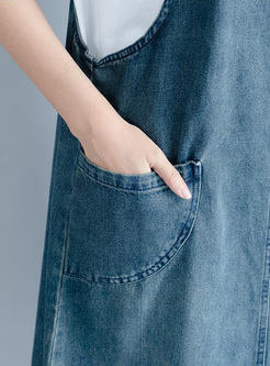 Brief Pocket Patched Denim Loose Overall
