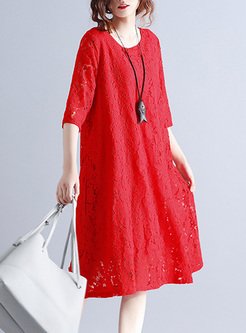 Red Brief Lace O-neck Loose Shift Dress
