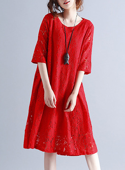 Red Brief Lace O-neck Loose Shift Dress
