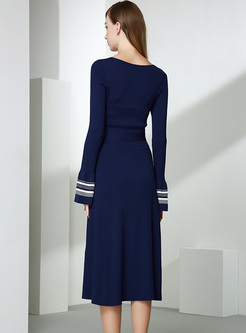 Blue Striped V-neck Belted Knitted Dress