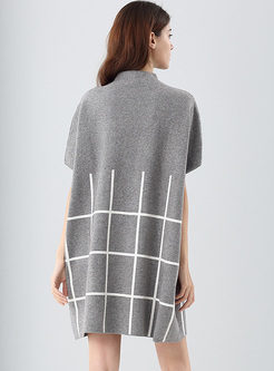 Brief Grid Print Bat Sleeve Knitted Dress