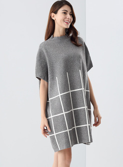 Brief Grid Print Bat Sleeve Knitted Dress