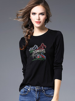 Brief Embroidery Long Sleeve T-shirt