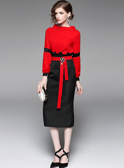 Red Pullover Top & Black Skinny Skirt
