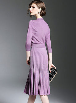 Brief Knitted Pleated Skirt Two-piece Outfits