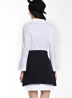 White Bell Sleeve Turn Down Collar Blouse & Black Split Mini Skirt