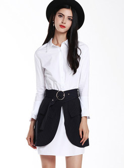 White Bell Sleeve Turn Down Collar Blouse & Black Split Mini Skirt