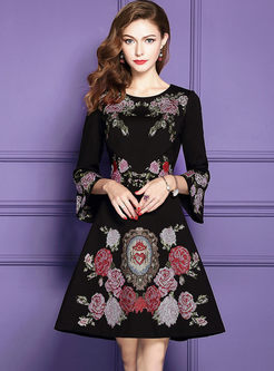 Chic Flare Sleeve Embroidered Skater Dress