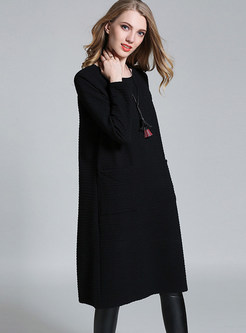 Casual With Pockets Pure Color Knitted Dress