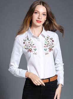 White Embroidered Turndown Collar Blouse