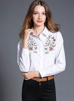 White Embroidered Turndown Collar Blouse