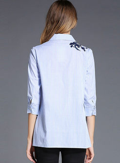Stylish Striped Embroidered Turn Down Collar Blouse