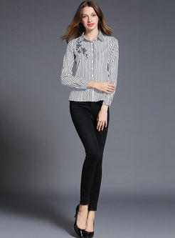 Brief Striped Embroidered Long Sleeve Blouse