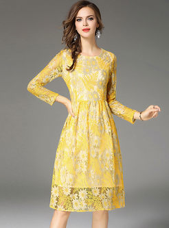 Yellow Embroidered Lace Long Sleeve Skater Dress