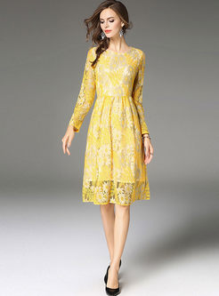 Yellow Embroidered Lace Long Sleeve Skater Dress