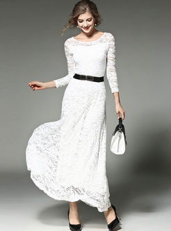 Lace Openwork Belted Long Sleeve Maxi Dress