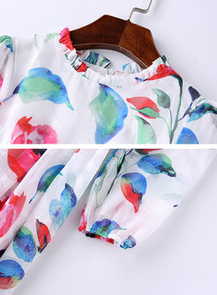 Floral Print Belt Long Sleeve Pleated Maxi Dress