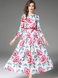 Floral Print Belt Long Sleeve Pleated Maxi Dress
