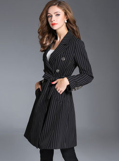 Black Striped Double-breasted Belt Trench Coat