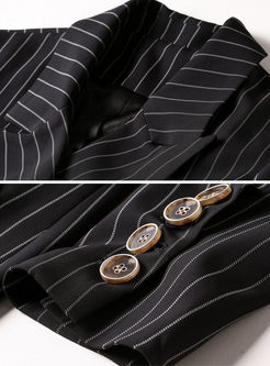 Black Striped Double-breasted Belt Trench Coat