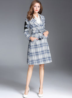 Brief Plaid Long Sleeve Belt Trench Coat