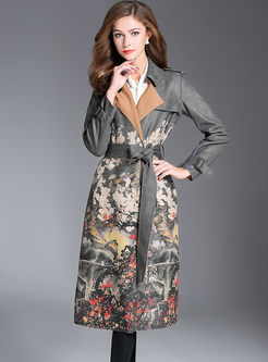 Ethnic Floral Print Long Sleeve Trench Coat