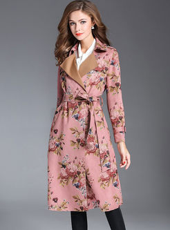Pink Floral Print Gathered Waist Trench Coat